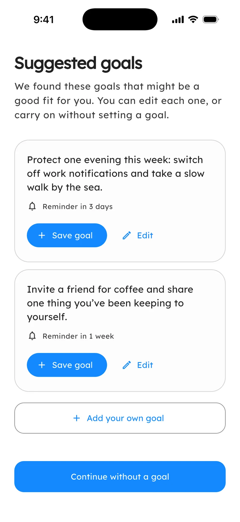 Suggested AudioDiary goals with options to save or edit them