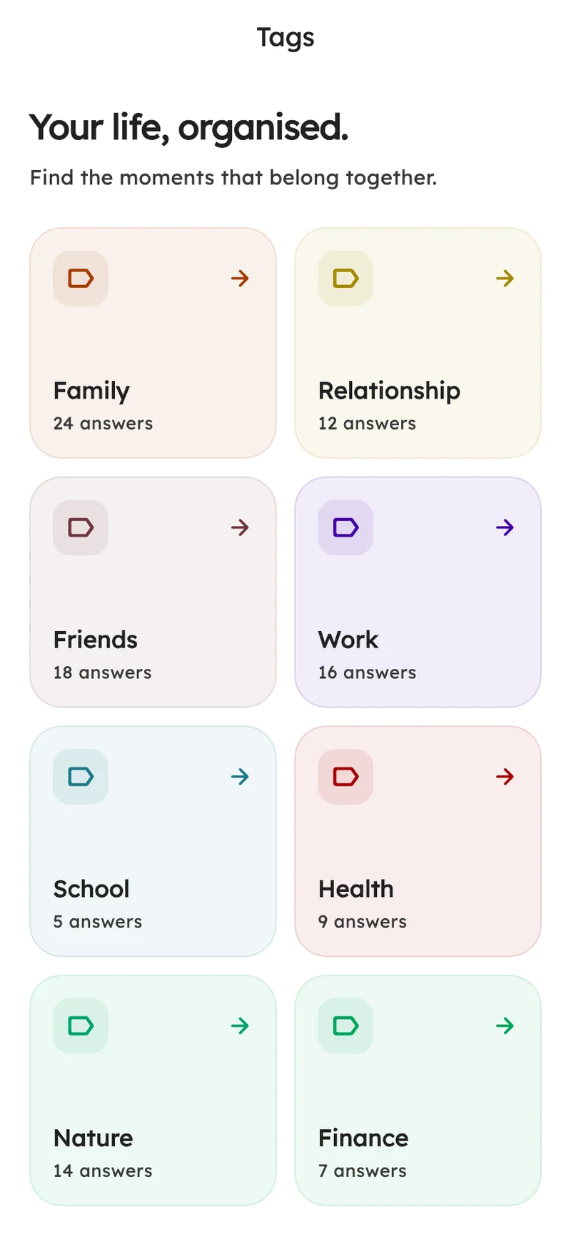 AudioDiary’s colorful tags organizing entries into topics such as Family, Friends and Work
